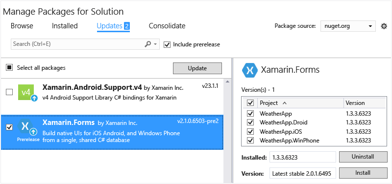 Updating the Xamarin.Forms NuGet package