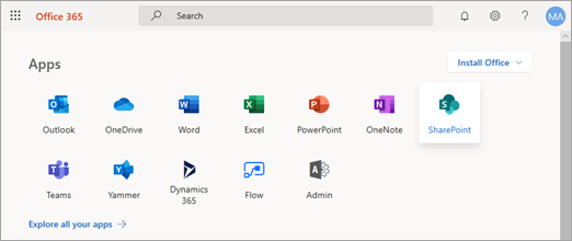 Page de démarrage de Microsoft 365 avec SharePoint sélectionné