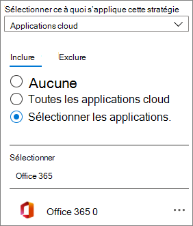 Capture d’écran de l’application cloud Office 365 dans une stratégie d’accès conditionnel Microsoft Entra