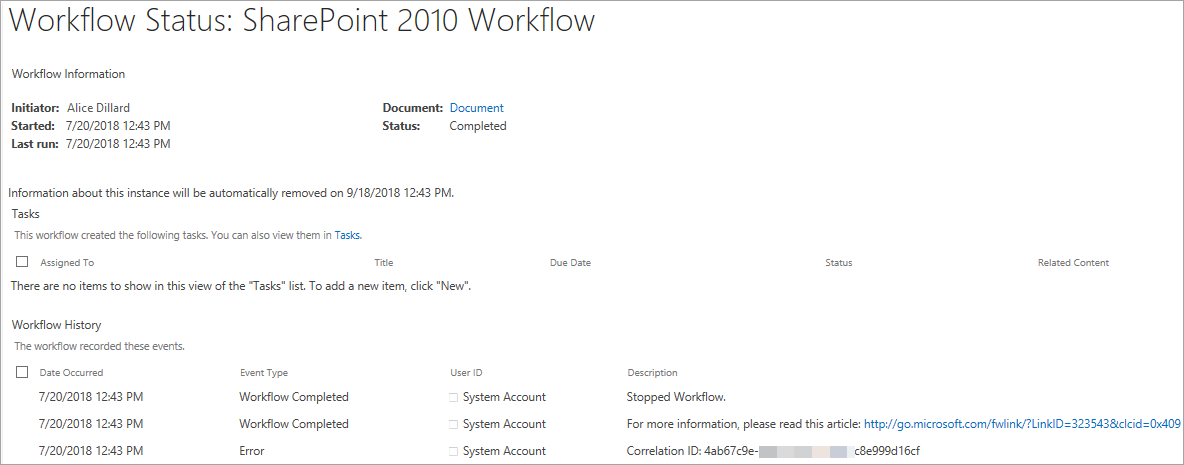 Capture d’écran montrant la page d’informations sur le flux de travail arrêté SharePoint 2010 avec une erreur.