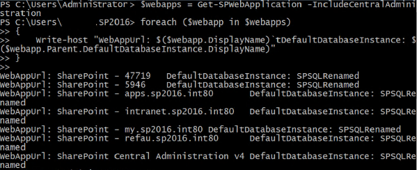 Capture d’écran d’une base de données instance sortie après l’exécution de l’applet de commande PowerShell appropriée dans une fenêtre SharePoint Management Shell avec élévation de privilèges.