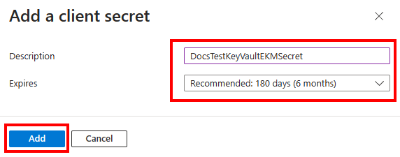 Capture d’écran de la section Ajouter une clé secrète client pour l’application dans le portail Azure.