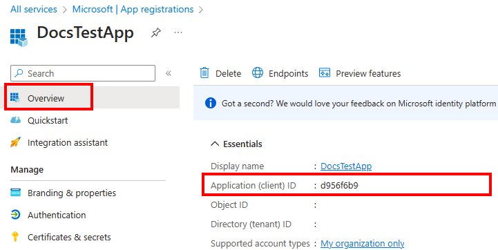 Capture d'écran de l'« ID de l'application (client) » dans le volet Vue d'ensemble.