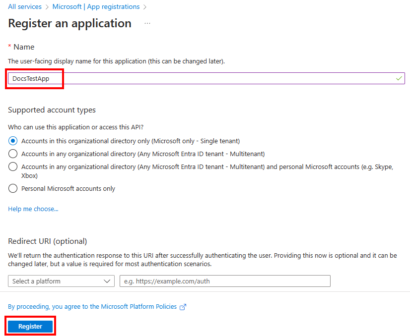 Capture d'écran du volet « Inscrire une application ».