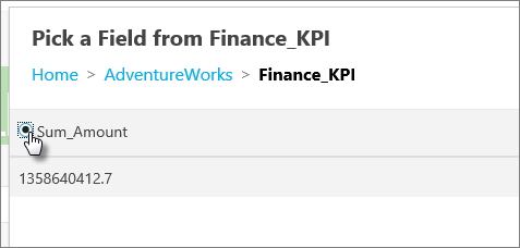 Capture d’écran montrant la section Choisir un champ dans la section Finance_KPI avec l’option Sum_Amount sélectionnée.