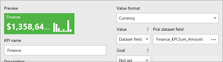Capture d’écran de l’aperçu de l’indicateur de performance clé montrant l’option Format de la valeur définie sur Devise.
