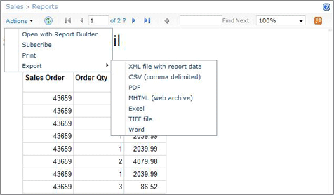 Capture d’écran des options Exporter du menu Action.