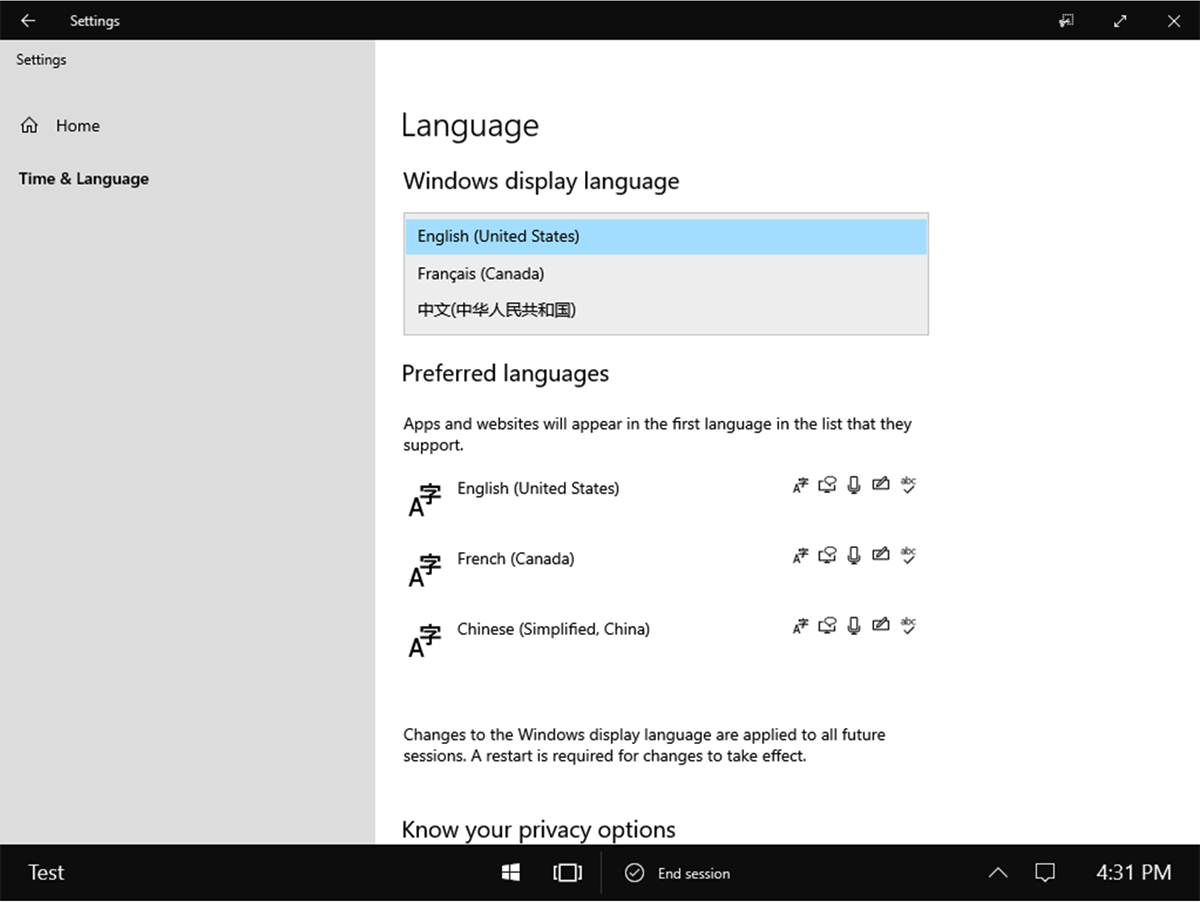 Capture d’écran montrant les paramètres de langue d’affichage Windows sur Surface Hub.