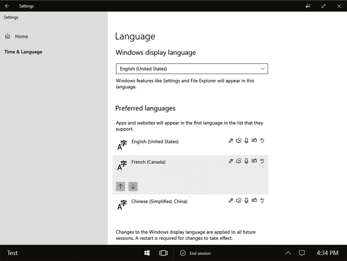 Capture d’écran montrant la liste des langues préférées sur Surface Hub.