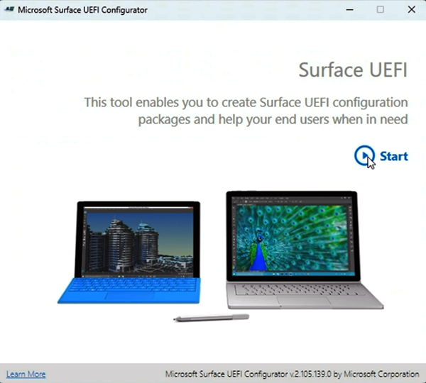 Capture d’écran montrant l’exécution du configurator UEFI Surface.