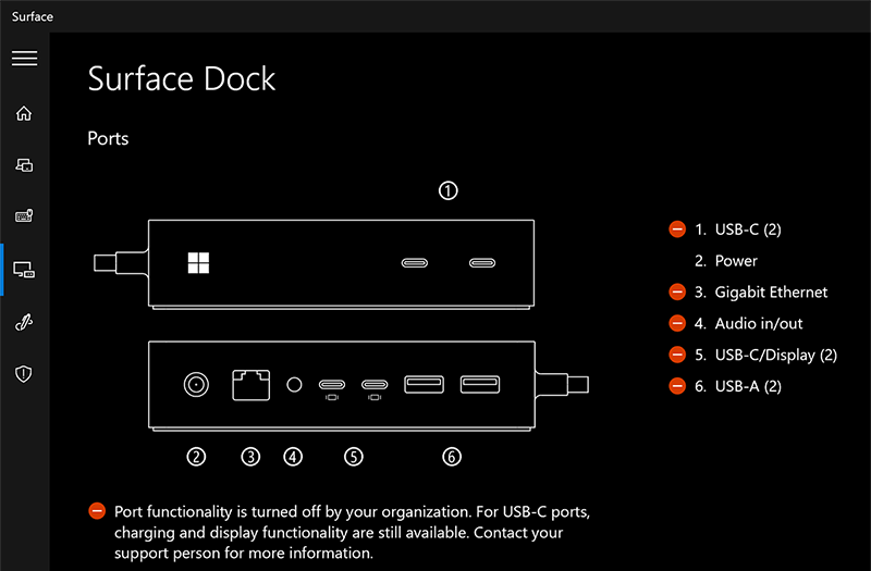 Capture d’écran montrant l’application Surface montrant les ports désactivés pour les utilisateurs non authentifiés sur Surface Dock 2.