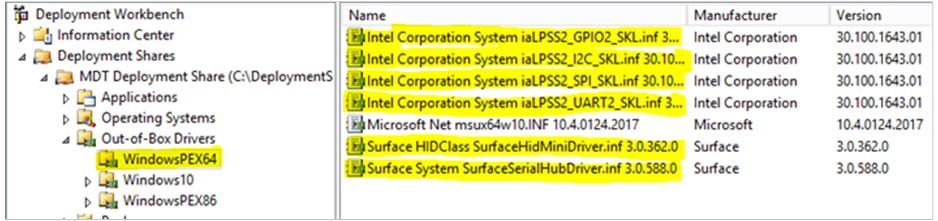 Image montrant les pilotes nouvellement importés dans le dossier WindowsPEX64 de Deployment Workbench.