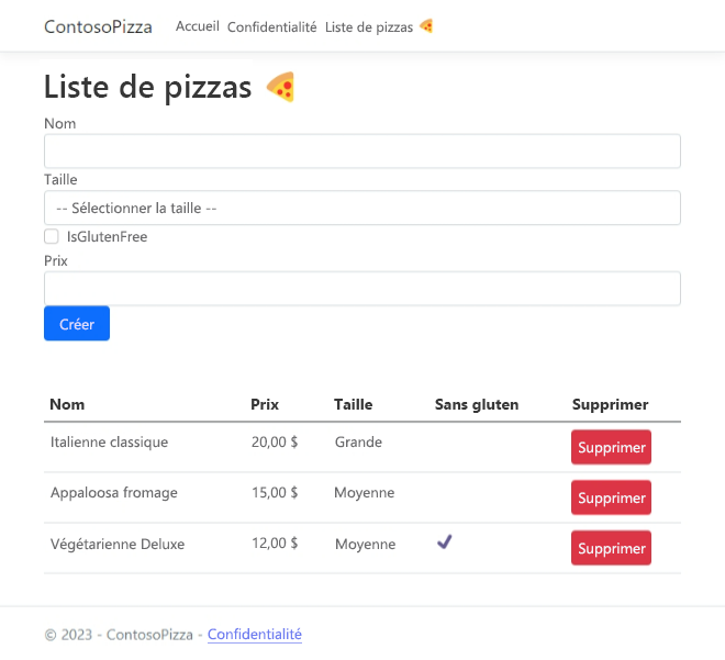 Capture d’écran de la page Pizza List avec le formulaire de création de pizza.