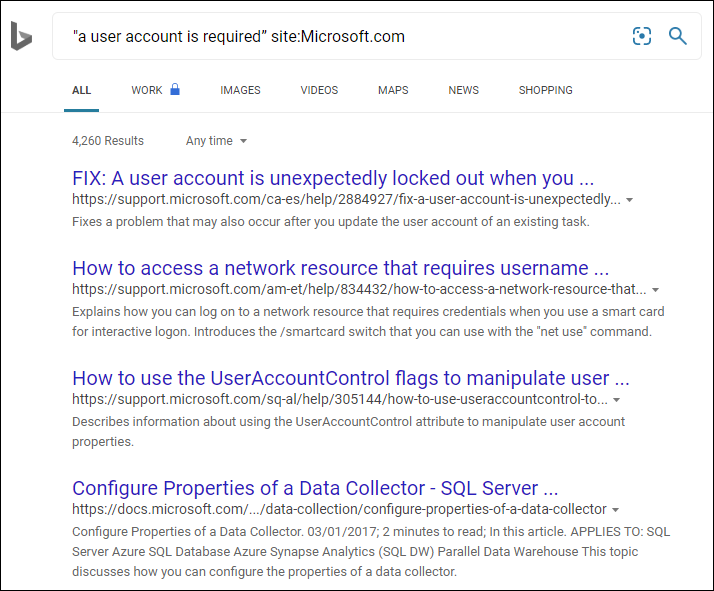 Capture d’écran des résultats de recherche Microsoft.