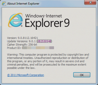 Capture d’écran de la page À propos d’Internet Explorer pour Internet Explorer 9, montrant les versions de mise à jour installées : 9.0.1 (KB2530548).
