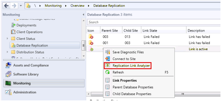 Capture d’écran de Analyseur de lien de réplication dans le nœud Réplication de base de données.