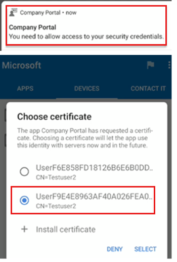 Capture d’écran d’un exemple Portail d'entreprise notification d’application sur Android pour installer le profil de certificat SCEP.
