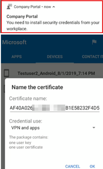 Capture d’écran d’une notification d’installation du profil de certificat racine approuvé.
