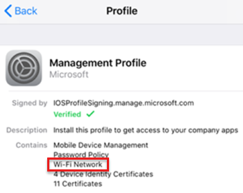 Capture d’écran du profil de gestion sur un appareil iOS/iPadOS dans Intune.