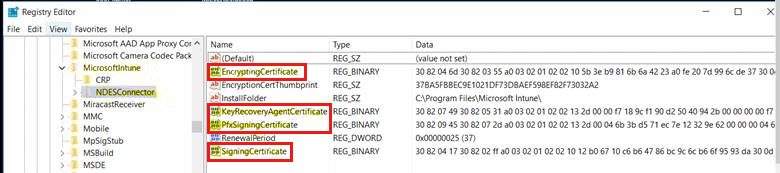 Capture d’écran des paramètres de sous-clé de Registre NDESConnector requis.