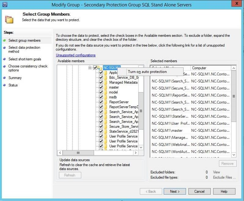 Activez la protection automatique SQL Server sur le serveur DPM secondaire.