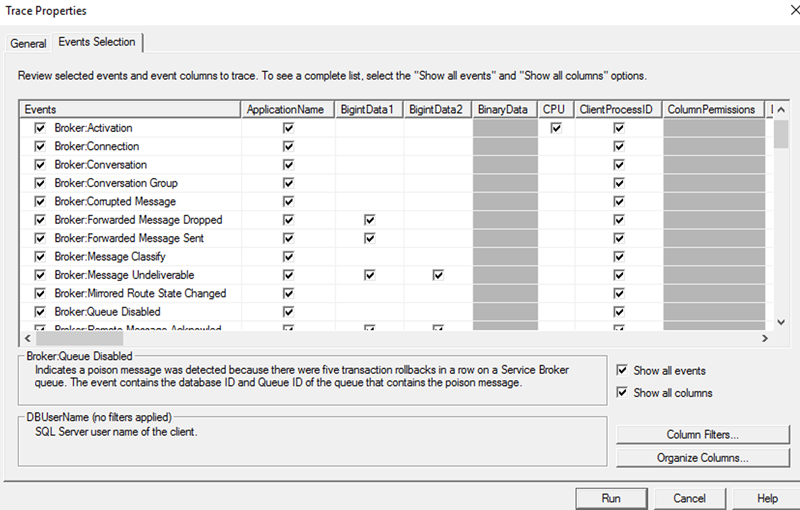 Capture d’écran de la collecte de SQL Server Profiler trace.