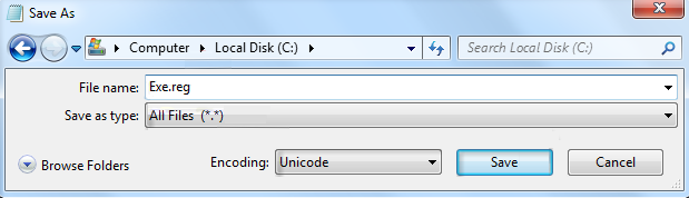 Capture d’écran de la boîte de dialogue Enregistrer sous pour enregistrer le fichier bloc-notes au format de fichier Exe.reg.