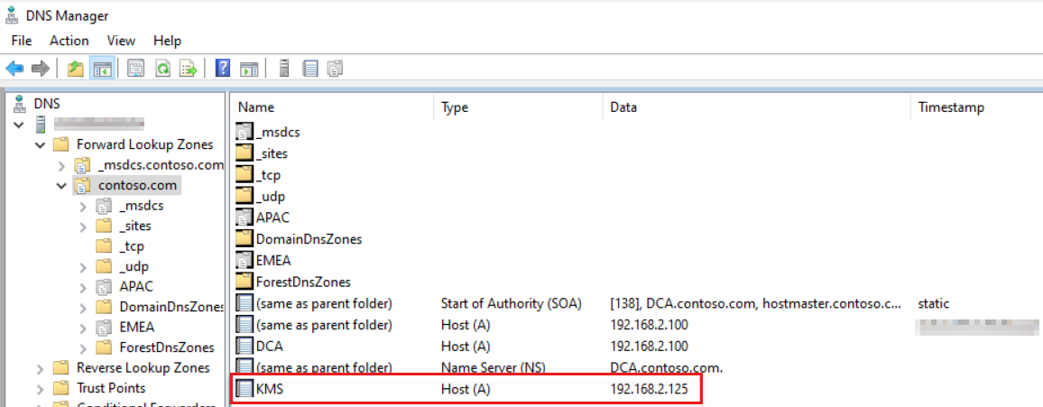 Capture d’écran du Gestionnaire DNS montrant la sélection du dossier KMS.