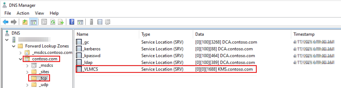 Capture d’écran du Gestionnaire DNS montrant la sélection du dossier _tcp sous un dossier de nom de domaine.