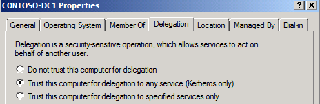 L’option Approuvé cet ordinateur pour la délégation à n’importe quel service sous l’onglet Délégation dans la boîte de dialogue Propriétés de DC.