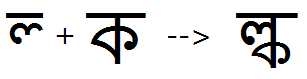 Illustration that shows the sequence of half La plus full Ka glyphs being substituted by a conjunct La Ka ligature glyph using the P R E S feature.