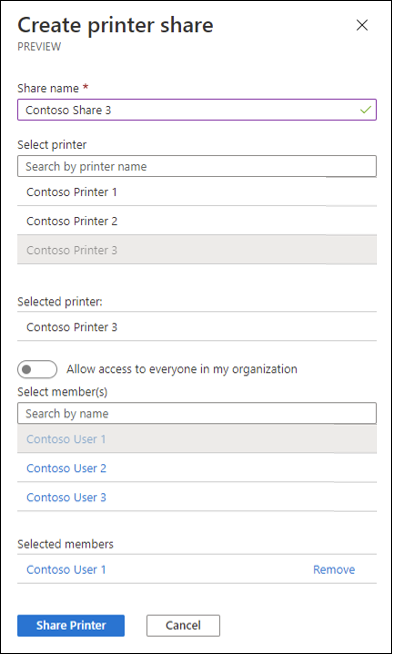 A screenshot of the "Create printer share" dialog in the Universal Print portal.