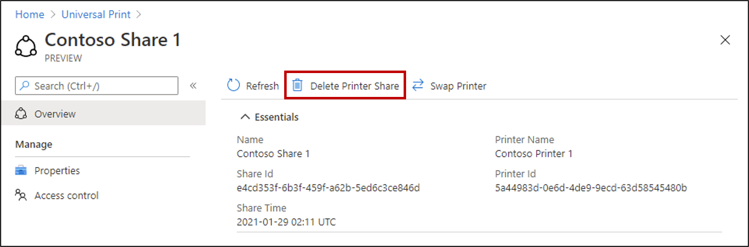A screenshot showing how to delete a single printer share using the Universal Print portal.