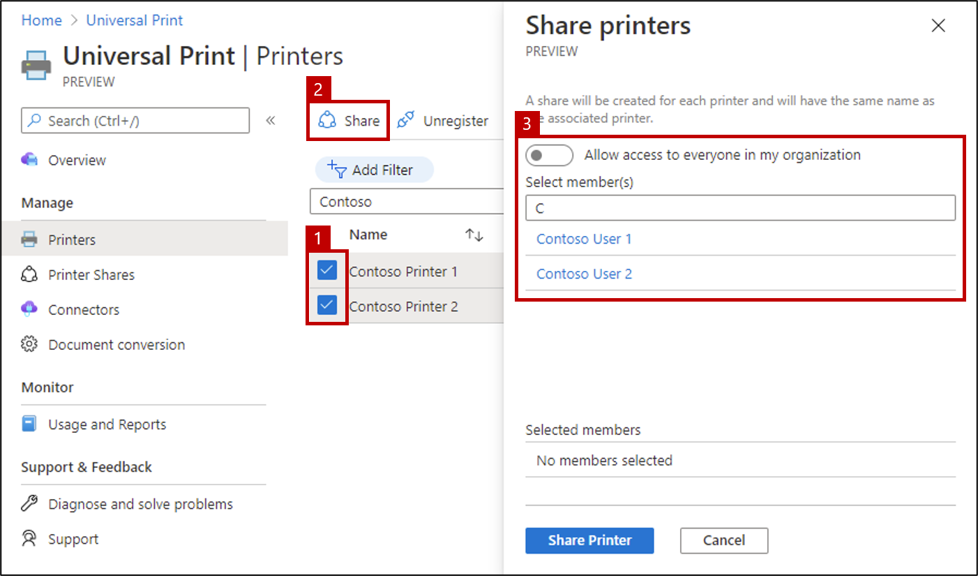 A screenshot showing the steps required to share multiple printers by using the Universal Print portal.