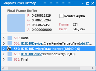 Pixel History window showing related draw calls