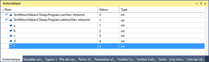 Capture d’écran de la valeur de retour automatique C#.