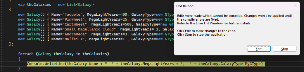 Capture d’écran du débogueur Visual Studio avec une ligne de code mise en surbrillance en rouge et une boîte de message Modifier et Continuer avec le bouton Modifier sélectionné.