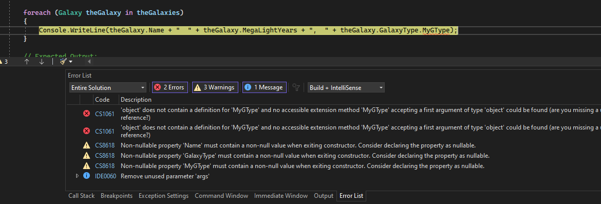Capture d’écran du débogueur Visual Studio avec une ligne de code mise en surbrillance en rouge et une fenêtre Liste d’erreurs avec deux erreurs répertoriées.