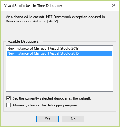 Screenshot of a Visual Studio Just-In-Time Debugger window with 'New instance of Microsoft Visual Studio 2015' selected in the list of Possible Debuggers.