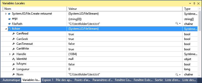 Capture d’écran de la fenêtre Locals, avec un fichier défini sur une valeur System.IO.FileStream.