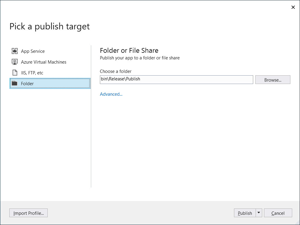 Screenshot of the Pick a publish target dialog in Visual Studio with the Folder `bin\Release\Publish' selected as the publish target.
