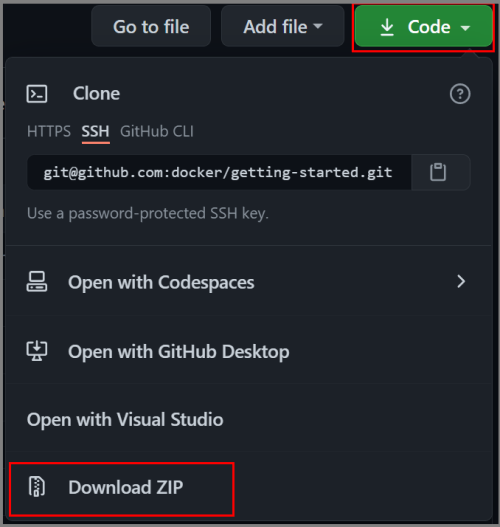 Screenshot shows part of the Github site, with the green Code button and Download ZIP option highlighted.