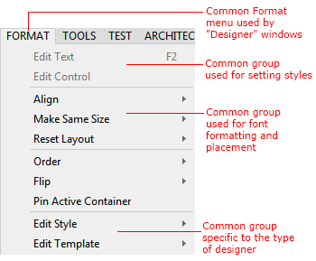 Visual Studio Format menu with callouts