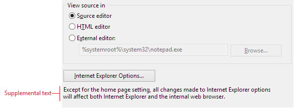 Capture d’écran montrant le bouton Options d’Internet Explorer avec du texte supplémentaire ci-dessous qui décrit l’impact de la modification des paramètres d’option.
