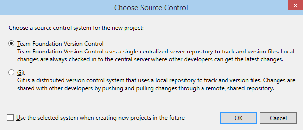 Capture d’écran de la boîte de dialogue Choisir le contrôle de code source dans Visual Studio montrant le texte supplémentaire qui décrit chacune des options système de contrôle de code source.
