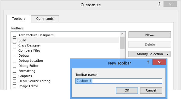 Customize dialog box showing how to add a toolbar