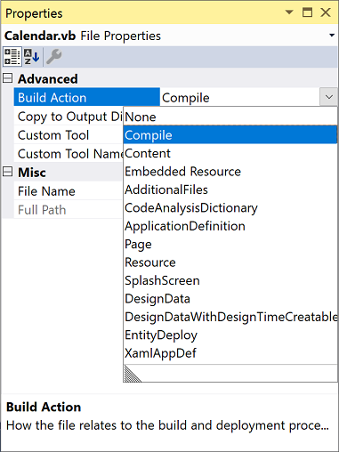 Actions de génération pour un fichier dans Visual Studio