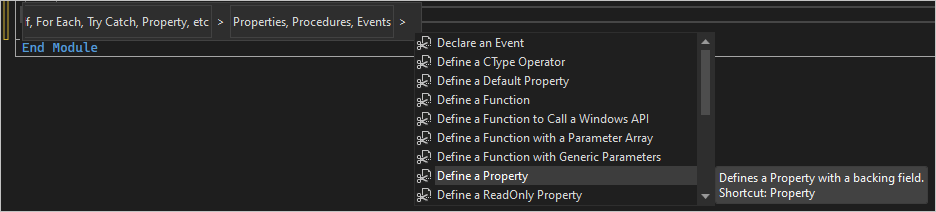 Capture d’écran du menu de l’extrait de code avec sélection de Définir une propriété.