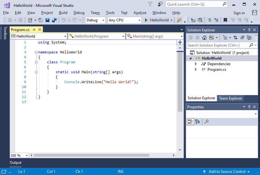 Screenshot showing the default 'Hello World!' code in the Visual Basic project template.