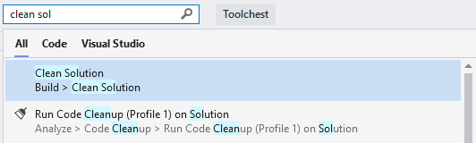 Capture d’écran d’un exemple de recherche d’éléments de menu et de commandes Visual Studio.
